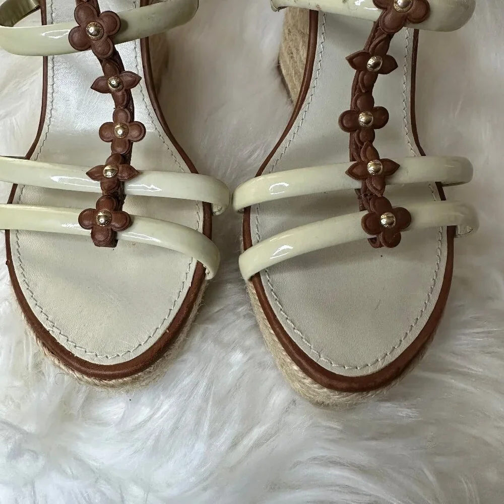 ❌SOLD❌Authentic Louis Vuitton Cream & Brown Leather/Enamel Flower Wedge Sandals - Picture 11 of 16